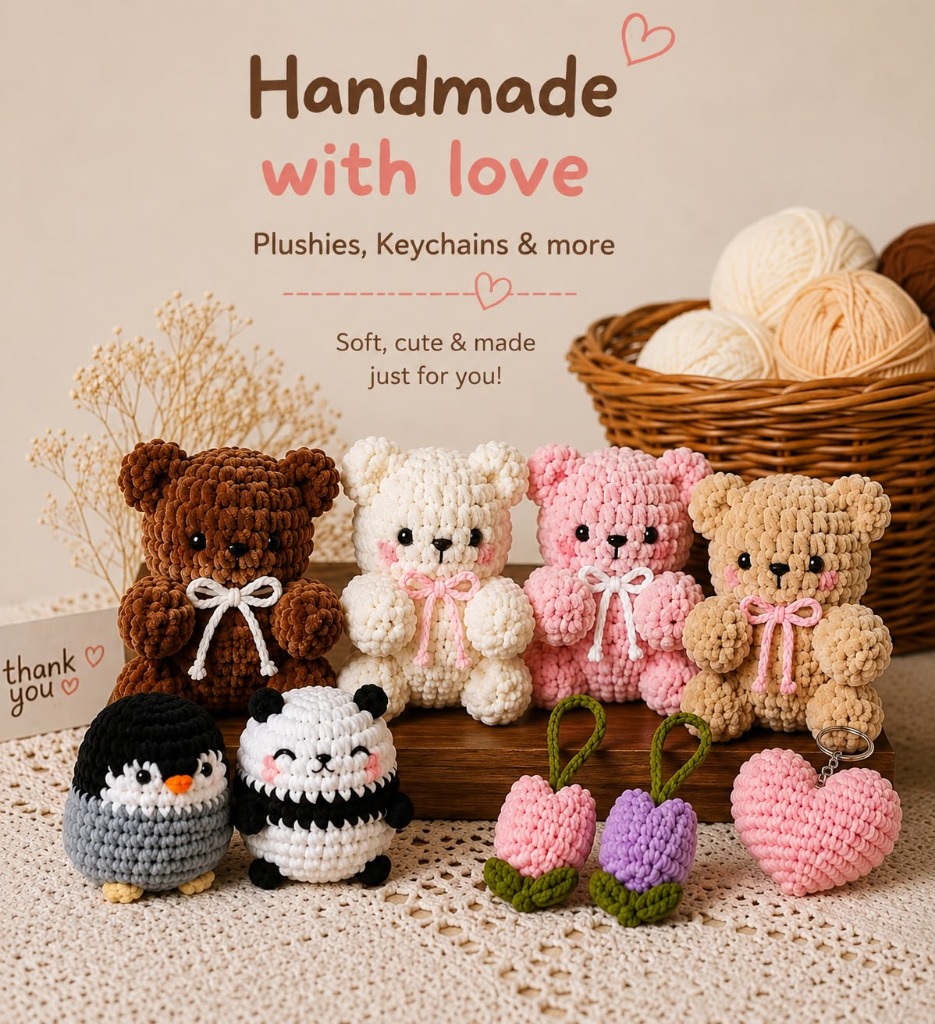 Group photo of crochet plushies