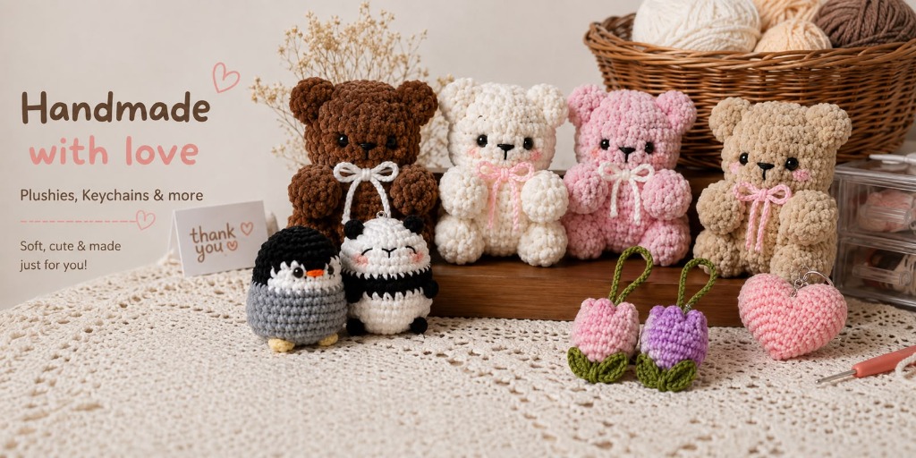 Handmade crochet bears, panda, penguin banner